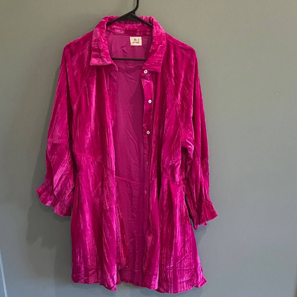 Velvet Button-Front Long Robe in Fuchsia
